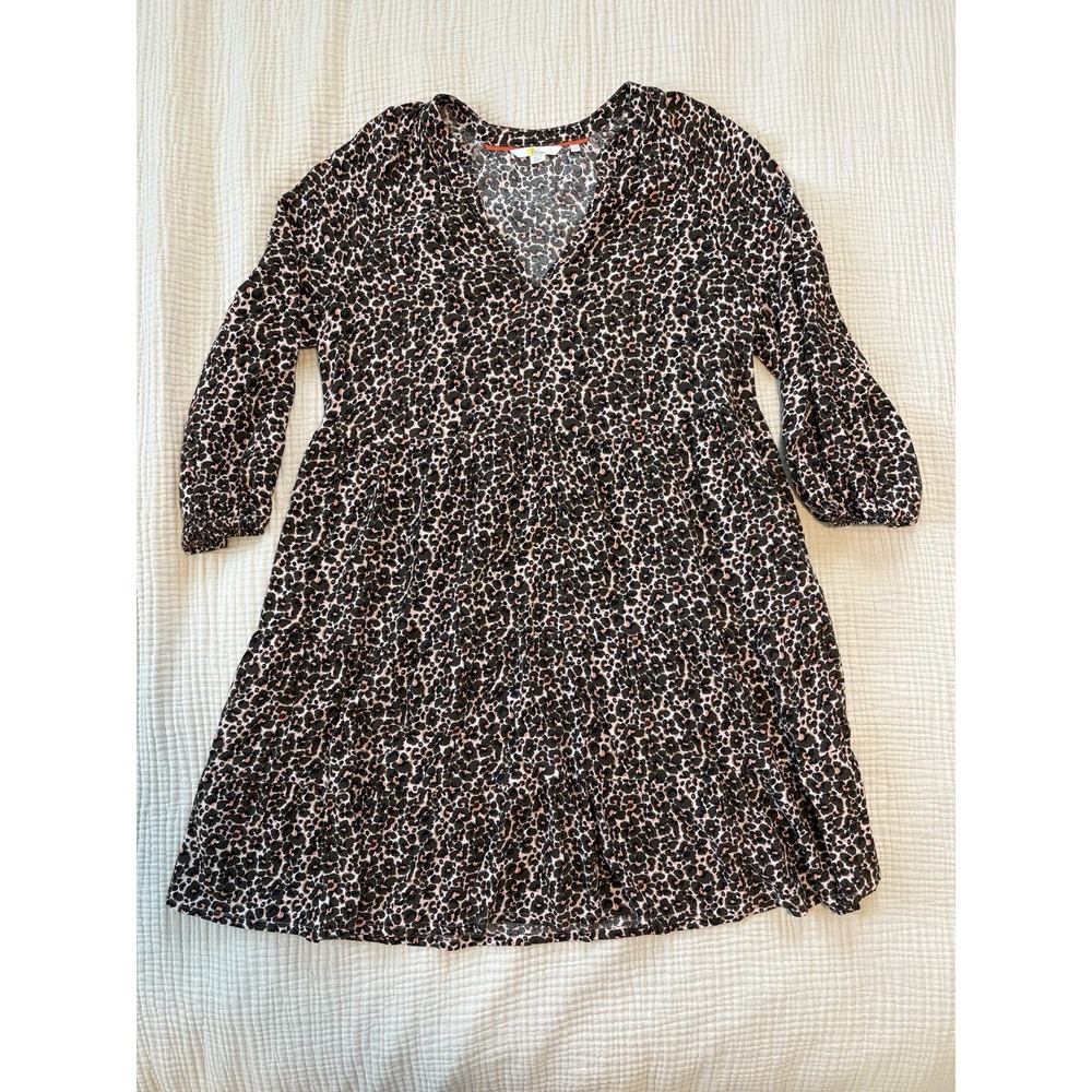 Boden Jersey Dress Womens Size 8 Brown Pockets Leopard Tiered V Neck Cottagecore